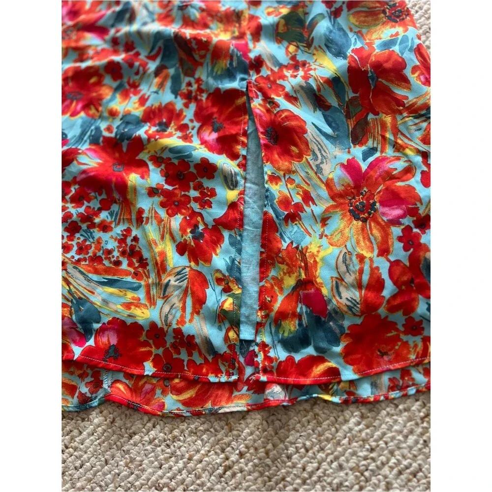 Philosophy Large Red & Teal Floral Maxi Skirt Slit Lined